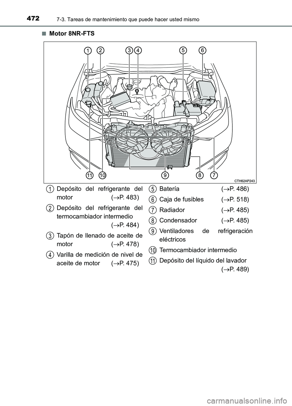 TOYOTA AURIS 2017  Manuale de Empleo (in Spanish) 4727-3. Tareas de mantenimiento que puede hacer usted mismo
UK_AURIS_HB_ES (OM12L00S) 
■Motor 8NR-FTS
Depósito del refrigerante del 
motor ( P. 483) 
Depósito del refrigerante del 
termocambiad