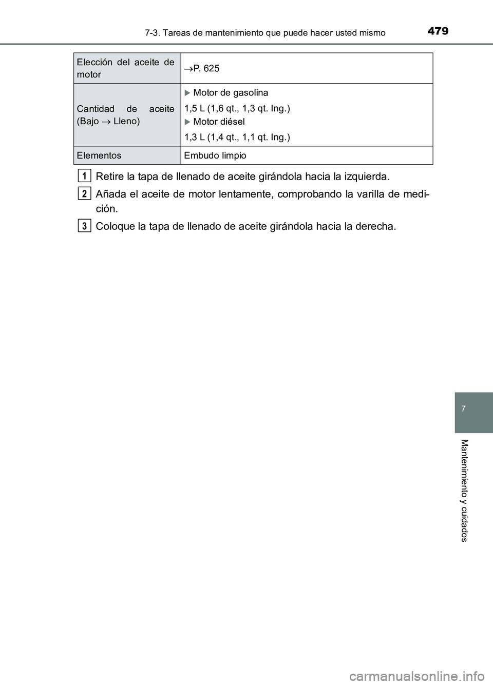 TOYOTA AURIS 2017  Manuale de Empleo (in Spanish) 4797-3. Tareas de mantenimiento que puede hacer usted mismo
7
Mantenimiento y cuidados
UK_AURIS_HB_ES (OM12L00S)
Retire la tapa de llenado de aceite girándola hacia la izquierda. 
Añada el aceite de