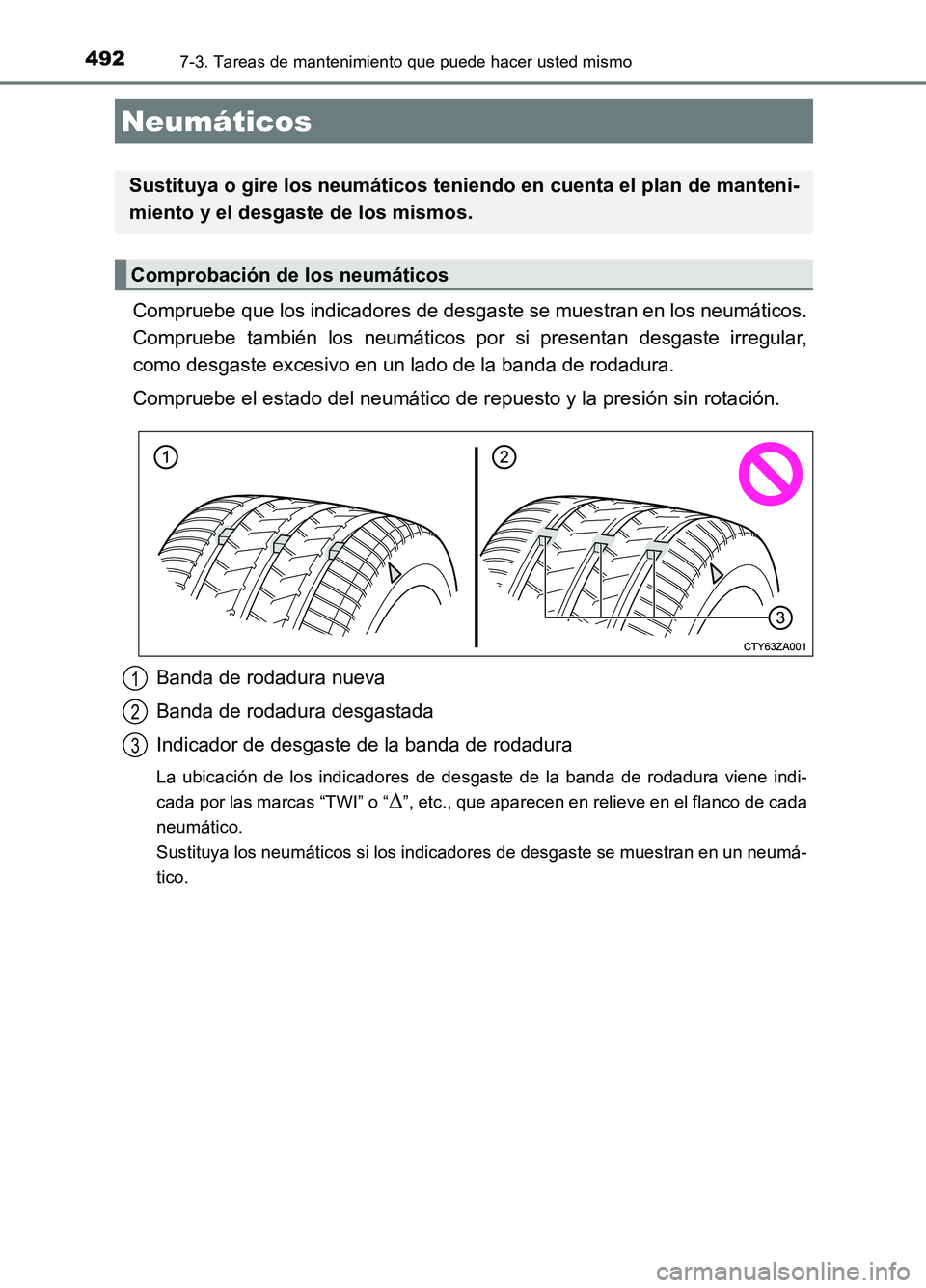 TOYOTA AURIS 2017 Manuale de Empleo (in Spanish) 4927-3. Tareas de mantenimiento que puede hacer usted mismo
UK_AURIS_HB_ES (OM12L00S)
Compruebe que los indicadores de desgaste se muestran en los neumáticos.
Compruebe también los neumáticos por TOYOTA AURIS 2017 Manuale de Empleo (in Spanish) 4927-3. Tareas de mantenimiento que puede hacer usted mismo
UK_AURIS_HB_ES (OM12L00S)
Compruebe que los indicadores de desgaste se muestran en los neumáticos.
Compruebe también los neumáticos por