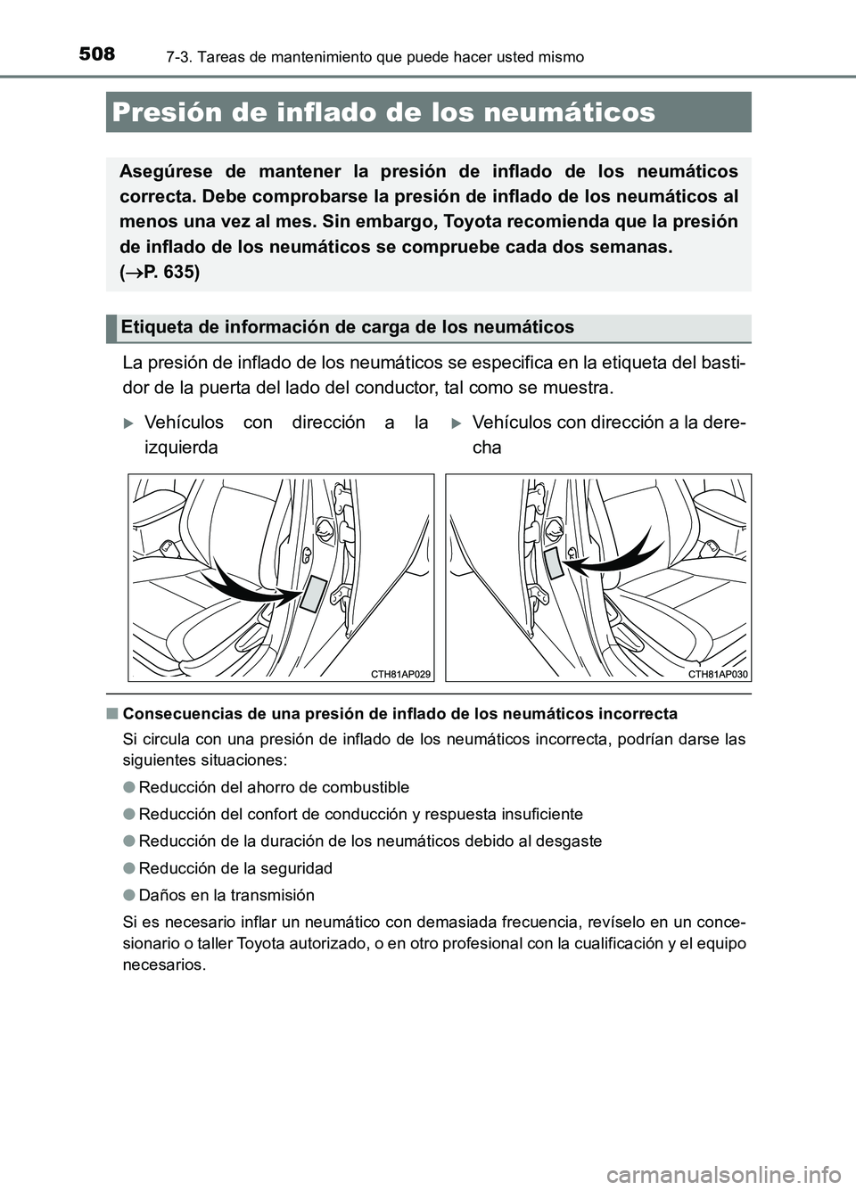 TOYOTA AURIS 2017 Manuale de Empleo (in Spanish) 5087-3. Tareas de mantenimiento que puede hacer usted mismo
UK_AURIS_HB_ES (OM12L00S)
La presión de inflado de los neumáticos se especifica en la etiqueta del basti-
dor de la puerta del lado del c TOYOTA AURIS 2017 Manuale de Empleo (in Spanish) 5087-3. Tareas de mantenimiento que puede hacer usted mismo
UK_AURIS_HB_ES (OM12L00S)
La presión de inflado de los neumáticos se especifica en la etiqueta del basti-
dor de la puerta del lado del c