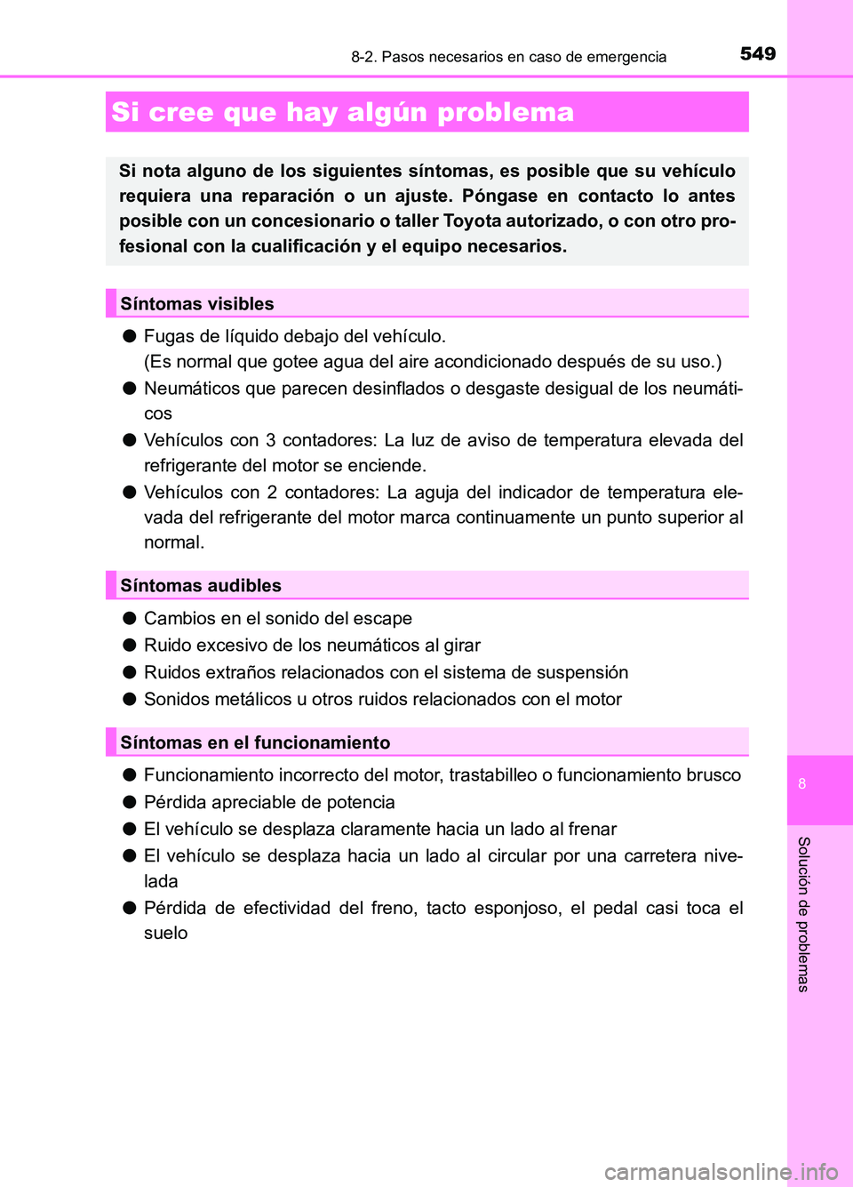 TOYOTA AURIS 2017  Manuale de Empleo (in Spanish) 5498-2. Pasos necesarios en caso de emergencia
8
Solución de problemas
UK_AURIS_HB_ES (OM12L00S)
●Fugas de líquido debajo del vehículo.  
(Es normal que gotee agua del aire acondicionado después