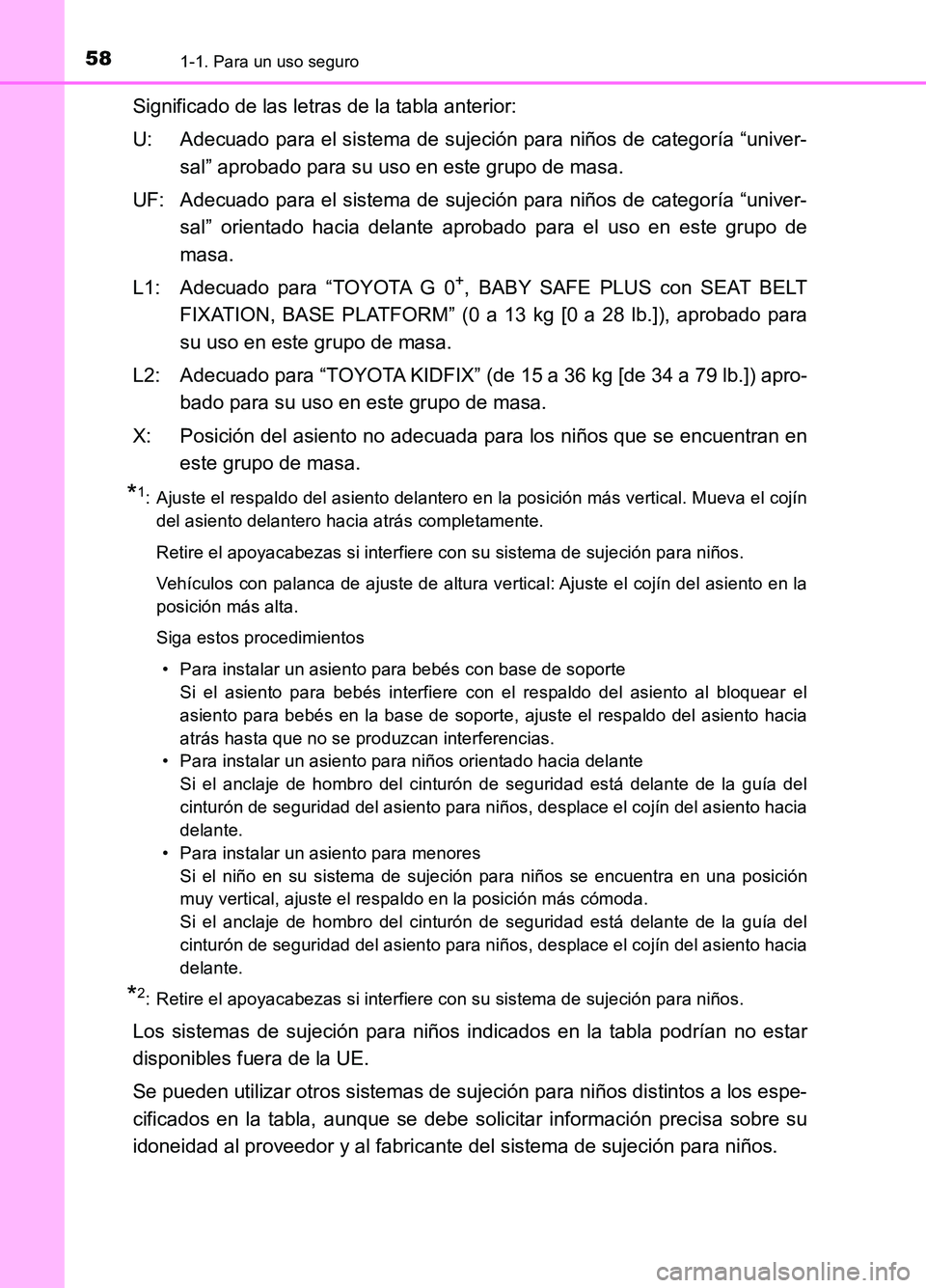 TOYOTA AURIS 2017  Manuale de Empleo (in Spanish) 581-1. Para un uso seguro
UK_AURIS_HB_ES (OM12L00S)
Significado de las letras de la tabla anterior: 
U: Adecuado para el sistema de sujeción para niños de categoría “univer- 
sal” aprobado para