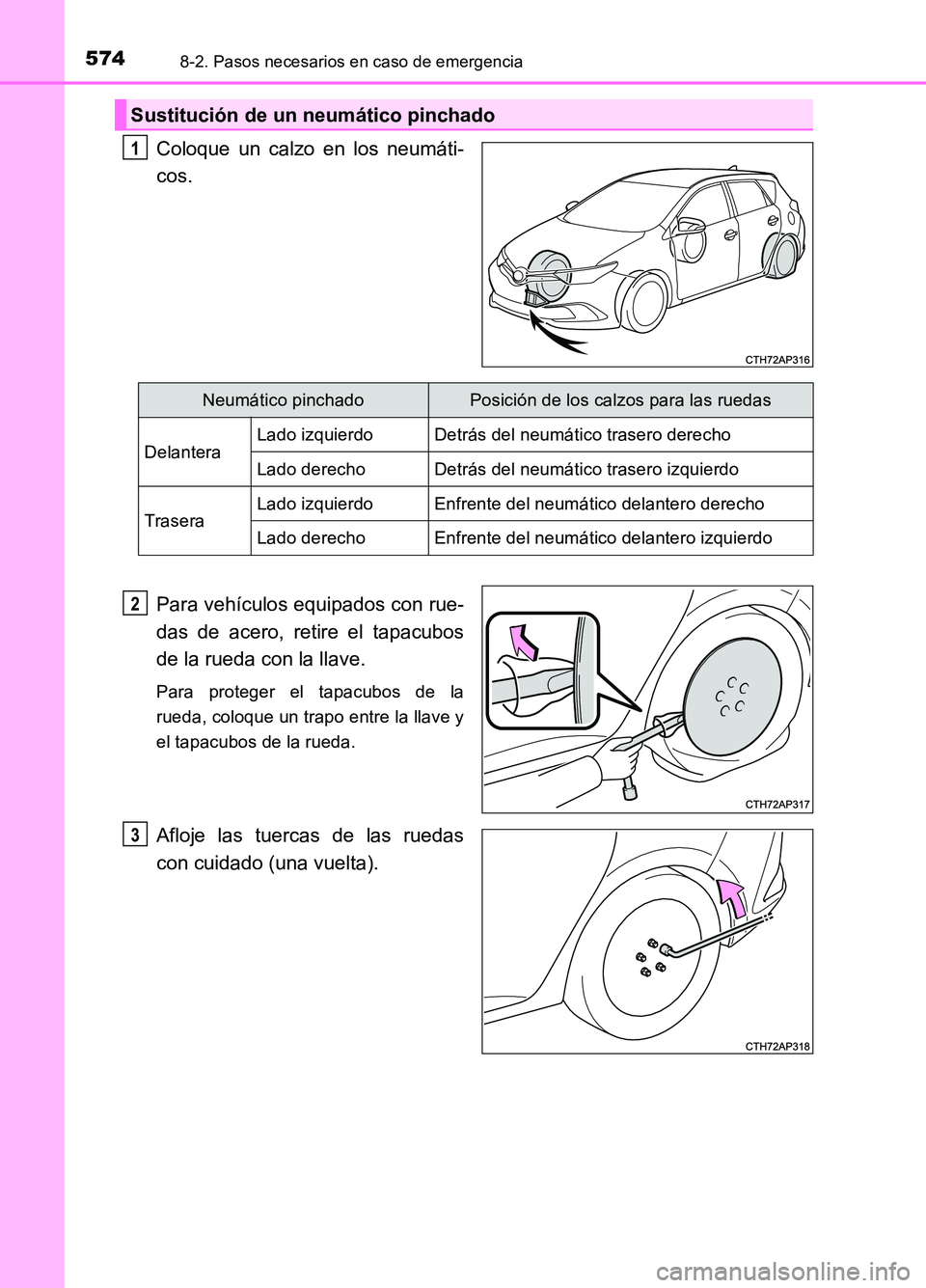 TOYOTA AURIS 2017  Manuale de Empleo (in Spanish) 5748-2. Pasos necesarios en caso de emergencia
UK_AURIS_HB_ES (OM12L00S)
Coloque un calzo en los neumáti- 
cos. 
Para vehículos equipados con rue- 
das de acero, retire el tapacubos 
de la rueda con