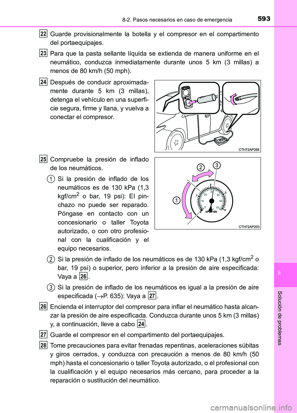 TOYOTA AURIS 2017  Manuale de Empleo (in Spanish) 5938-2. Pasos necesarios en caso de emergencia
8
Solución de problemas
UK_AURIS_HB_ES (OM12L00S)
Guarde provisionalmente la botella y el compresor en el compartimento 
del portaequipajes. 
Para que l