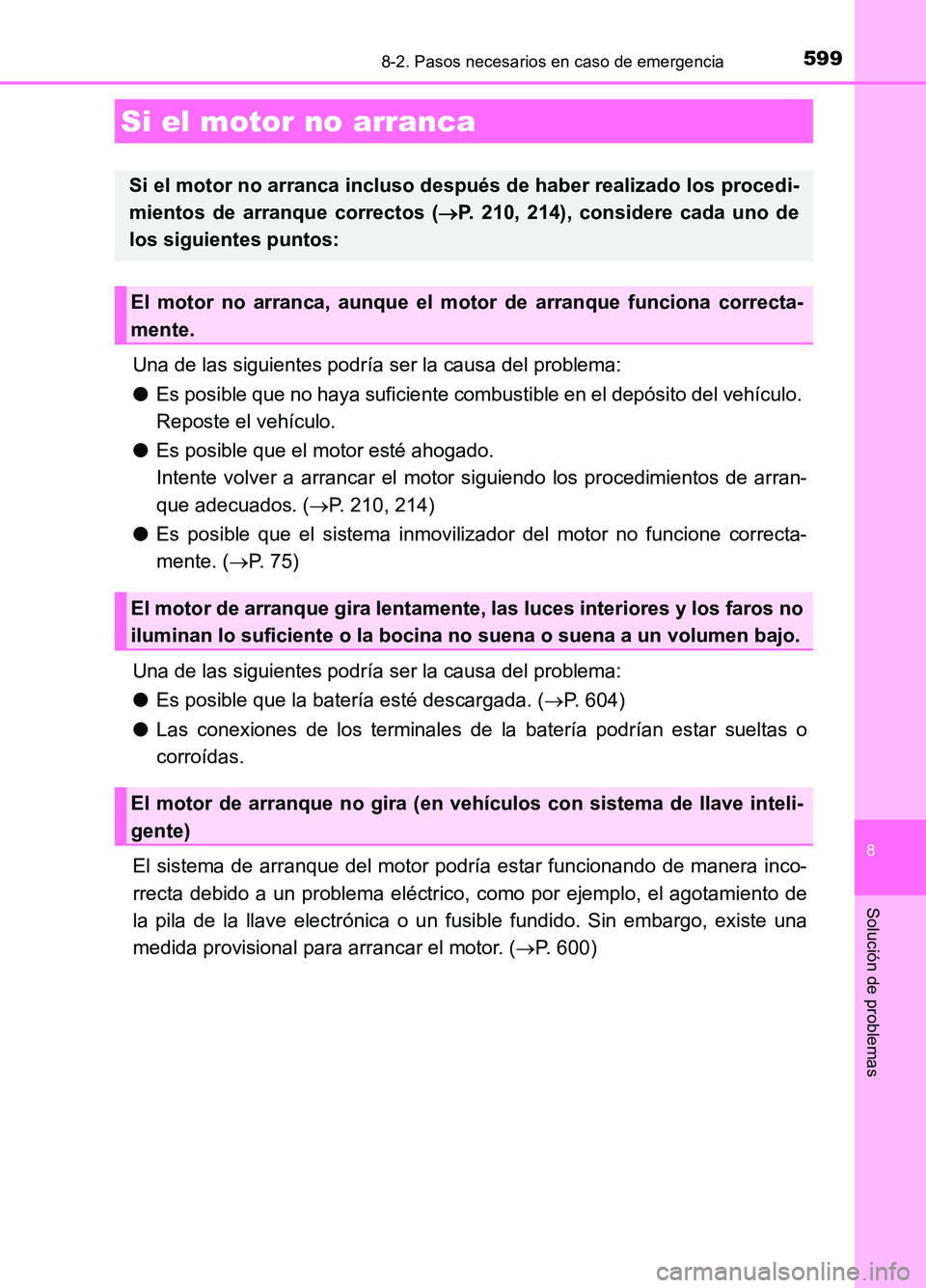 TOYOTA AURIS 2017  Manuale de Empleo (in Spanish) 5998-2. Pasos necesarios en caso de emergencia
8
Solución de problemas
UK_AURIS_HB_ES (OM12L00S)
Una de las siguientes podría ser la causa del problema: 
● Es posible que no haya suficiente combus
