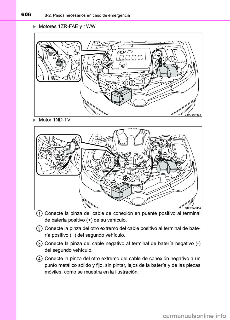 TOYOTA AURIS 2017  Manuale de Empleo (in Spanish) 6068-2. Pasos necesarios en caso de emergencia
UK_AURIS_HB_ES (OM12L00S)
Motores 1ZR-FAE y 1WW
Motor 1ND-TV 
Conecte la pinza del cable de conexión en puente positivo al terminal 
de batería p