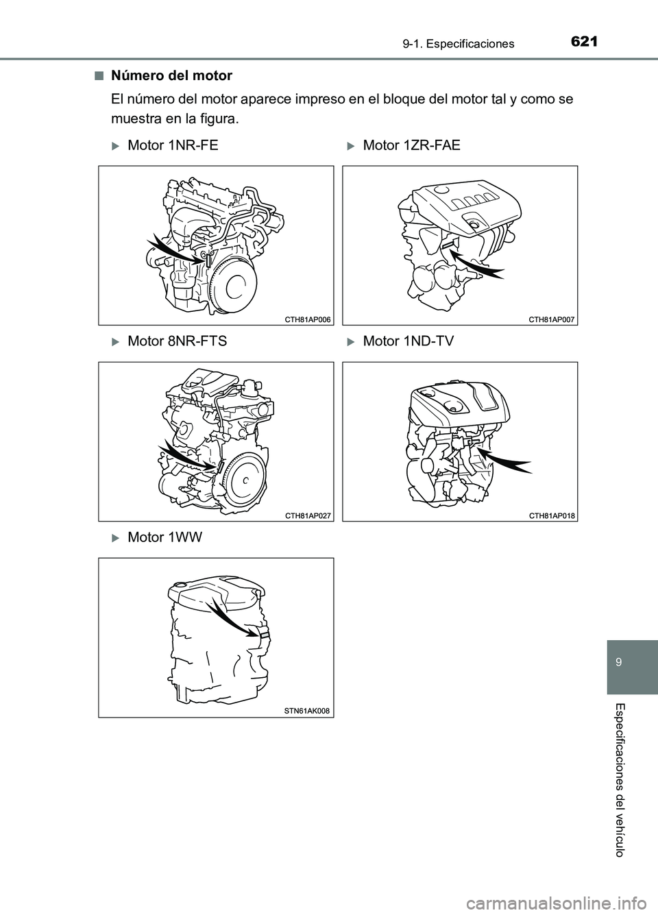 TOYOTA AURIS 2017  Manuale de Empleo (in Spanish) 621
9
9-1. Especificaciones
Especificaciones del vehículo
UK_AURIS_HB_ES (OM12L00S) 
■Número del motor 
El número del motor aparece impreso en el bloque del motor tal y como se 
muestra en la fig