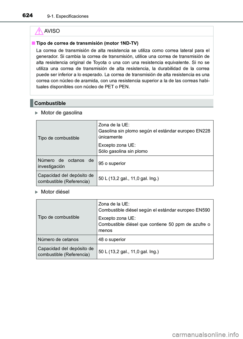 TOYOTA AURIS 2017  Manuale de Empleo (in Spanish) 6249-1. Especificaciones
UK_AURIS_HB_ES (OM12L00S)
Motor de gasolina
Motor diésel
AV I S O
■Tipo de correa de transmisión (motor 1ND-TV) 
La correa de transmisión de alta resistencia se uti
