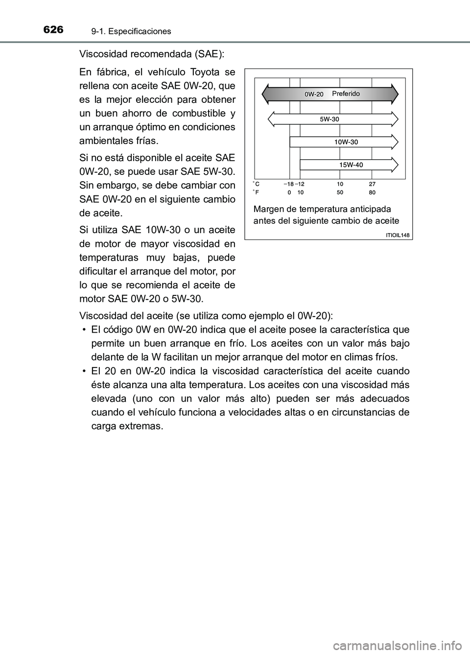 TOYOTA AURIS 2017  Manuale de Empleo (in Spanish) 6269-1. Especificaciones
UK_AURIS_HB_ES (OM12L00S)
Viscosidad recomendada (SAE): 
En fábrica, el vehículo Toyota se 
rellena con aceite SAE 0W-20, que
es la mejor elección para obtener 
un buen aho