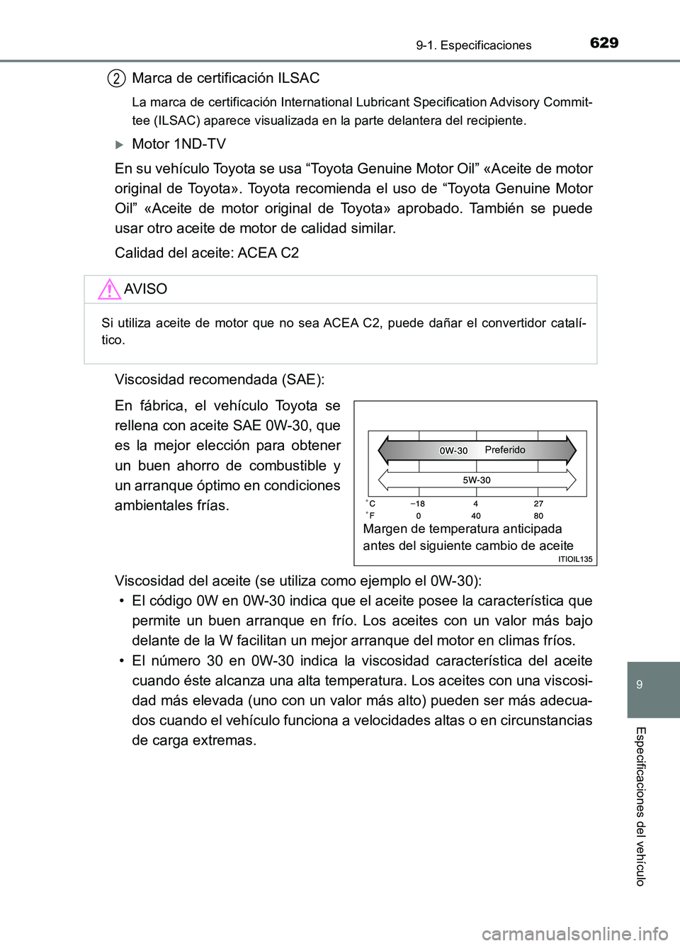 TOYOTA AURIS 2017  Manuale de Empleo (in Spanish) 629
9
9-1. Especificaciones
Especificaciones del vehículo
UK_AURIS_HB_ES (OM12L00S)
Marca de certificación ILSAC
La marca de certificación International Lubricant Specification Advisory Commit- 
te