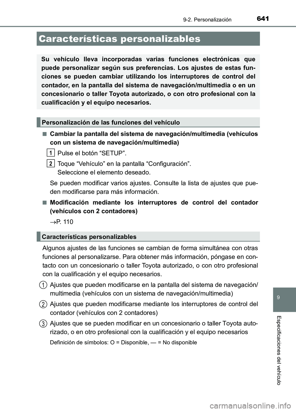 TOYOTA AURIS 2017 Manuale de Empleo (in Spanish) 641
UK_AURIS_HB_ES (OM12L00S)
9
Especificaciones del vehículo
9-2. Personalización
■Cambiar la pantalla del sistema de navegación/multimedia (vehículos
con un sistema de navegación/multimedia) TOYOTA AURIS 2017 Manuale de Empleo (in Spanish) 641
UK_AURIS_HB_ES (OM12L00S)
9
Especificaciones del vehículo
9-2. Personalización
■Cambiar la pantalla del sistema de navegación/multimedia (vehículos
con un sistema de navegación/multimedia)