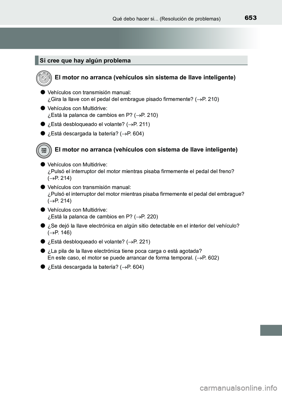 TOYOTA AURIS 2017 Manuale de Empleo (in Spanish) 653Qué debo hacer si... (Resolución de problemas)
UK_AURIS_HB_ES (OM12L00S)
●Vehículos con transmisión manual:
¿Gira la llave con el pedal del embrague pisado firmemente? ( P. 210)
●Vehí TOYOTA AURIS 2017 Manuale de Empleo (in Spanish) 653Qué debo hacer si... (Resolución de problemas)
UK_AURIS_HB_ES (OM12L00S)
●Vehículos con transmisión manual:
¿Gira la llave con el pedal del embrague pisado firmemente? ( P. 210)
●Vehí