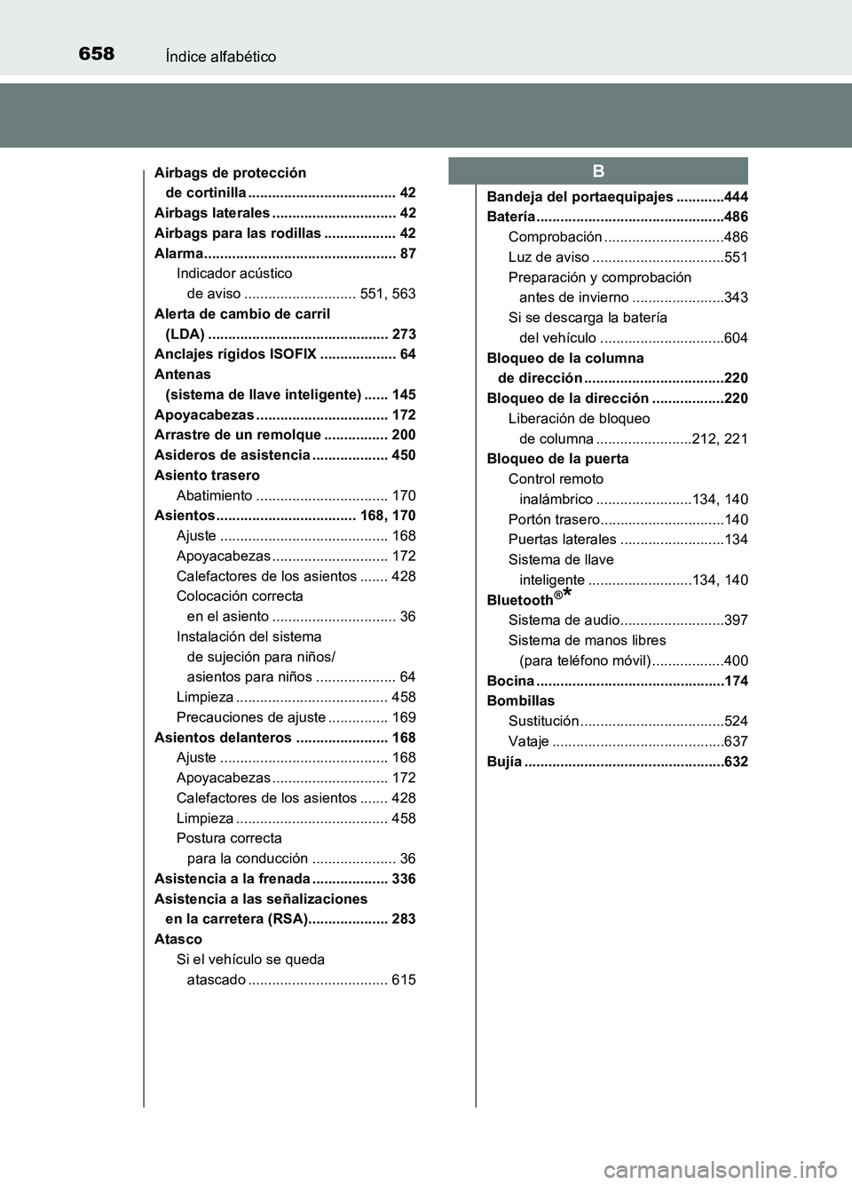 TOYOTA AURIS 2017 Manuale de Empleo (in Spanish) 658Índice alfabético
UK_AURIS_HB_ES (OM12L00S)
Airbags de protección
de cortinilla ..................................... 42
Airbags laterales ............................... 42
Airbags para las TOYOTA AURIS 2017 Manuale de Empleo (in Spanish) 658Índice alfabético
UK_AURIS_HB_ES (OM12L00S)
Airbags de protección
de cortinilla ..................................... 42
Airbags laterales ............................... 42
Airbags para las