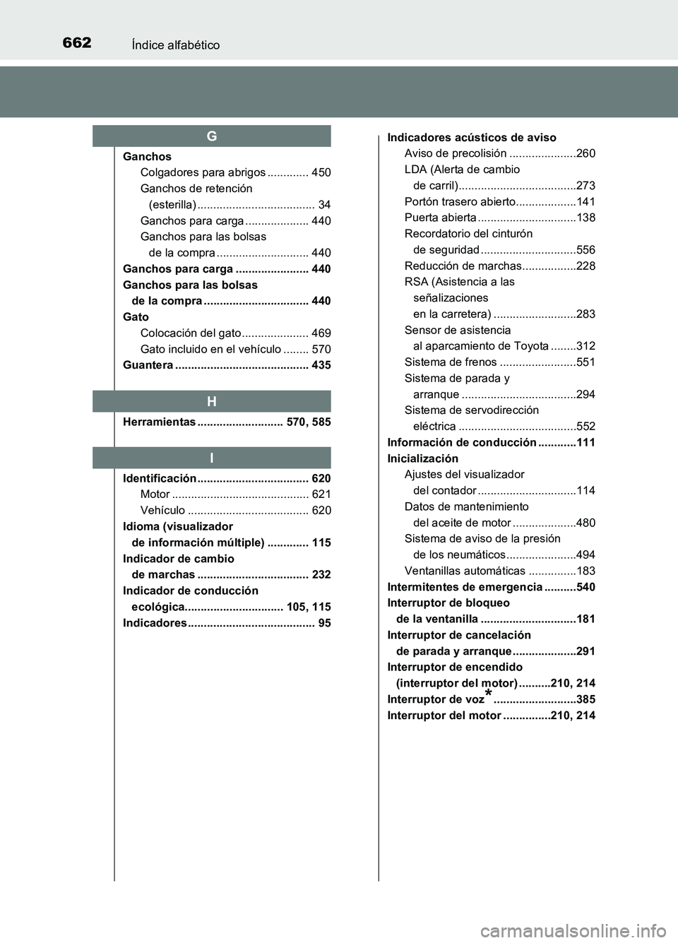 TOYOTA AURIS 2017 Manuale de Empleo (in Spanish) 662Índice alfabético
UK_AURIS_HB_ES (OM12L00S)
Ganchos
Colgadores para abrigos ............. 450
Ganchos de retención
(esterilla) ..................................... 34
Ganchos para carga .. TOYOTA AURIS 2017 Manuale de Empleo (in Spanish) 662Índice alfabético
UK_AURIS_HB_ES (OM12L00S)
Ganchos
Colgadores para abrigos ............. 450
Ganchos de retención
(esterilla) ..................................... 34
Ganchos para carga ..