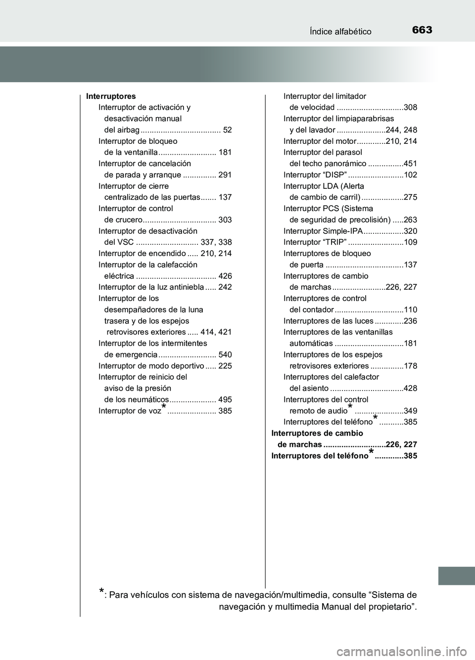 TOYOTA AURIS 2017 Manuale de Empleo (in Spanish) 663Índice alfabético
UK_AURIS_HB_ES (OM12L00S)
Interruptores
Interruptor de activación y
desactivación manual
del airbag .................................... 52
Interruptor de bloqueo
de l TOYOTA AURIS 2017 Manuale de Empleo (in Spanish) 663Índice alfabético
UK_AURIS_HB_ES (OM12L00S)
Interruptores
Interruptor de activación y
desactivación manual
del airbag .................................... 52
Interruptor de bloqueo
de l