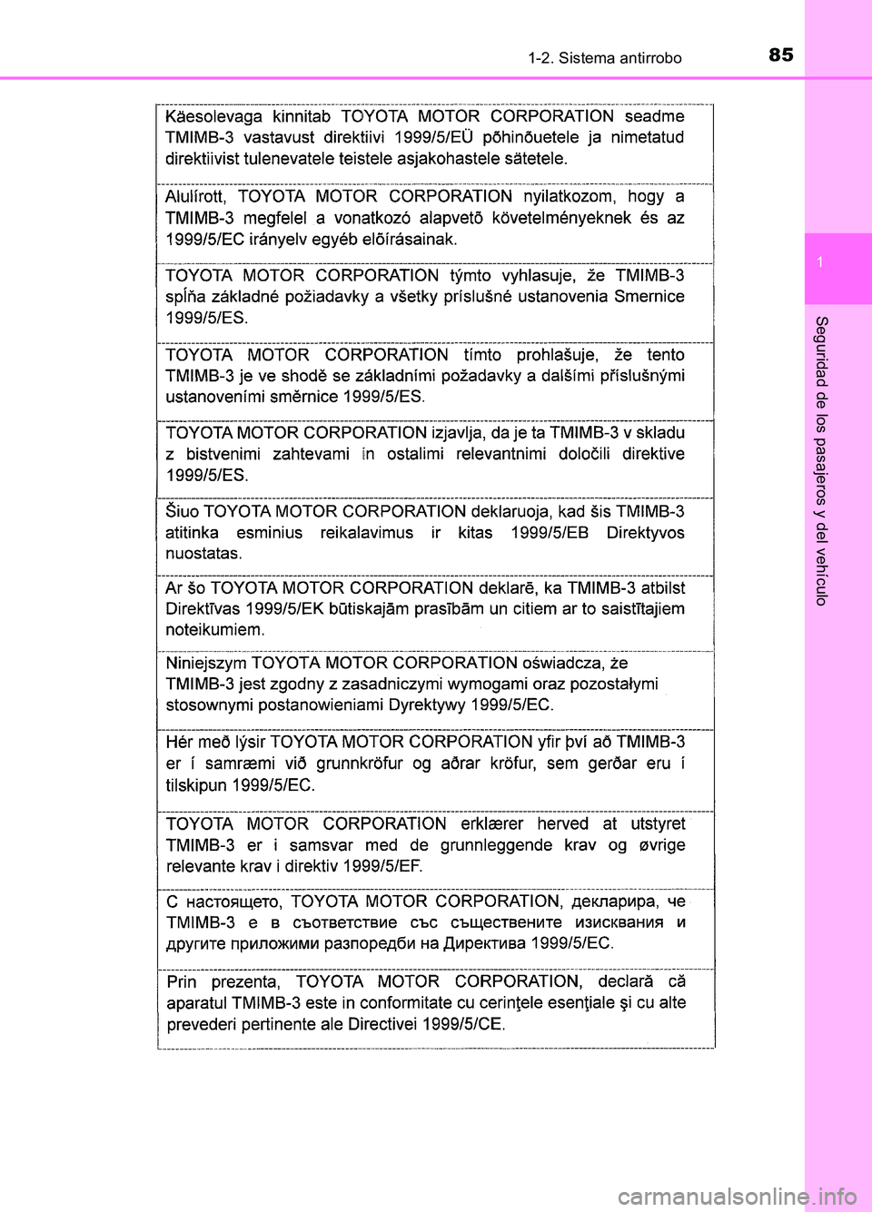 TOYOTA AURIS 2017  Manuale de Empleo (in Spanish) 851-2. Sistema antirrobo
1
Seguridad de los pasajeros y del vehículo
UK_AURIS_HB_ES (OM12L00S) 