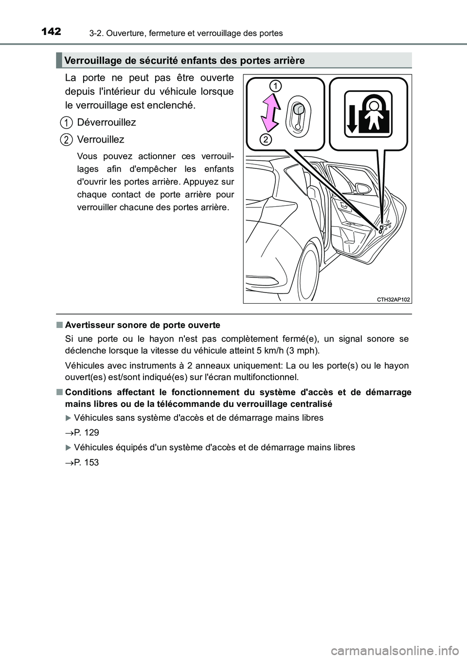 TOYOTA AURIS 2017  Notices Demploi (in French) 1423-2. Ouverture, fermeture et verrouillage des portes
UK_AURIS_HB_EK (OM12K98K)
La porte ne peut pas être ouverte 
depuis lintérieur du véhicule lorsque
le verrouillage est enclenché. 
Déverro