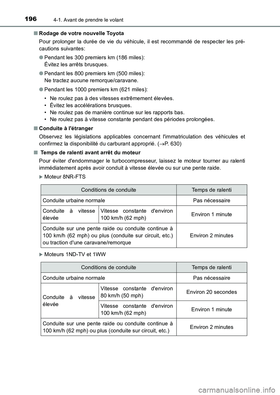 TOYOTA AURIS 2017  Notices Demploi (in French) 1964-1. Avant de prendre le volant
UK_AURIS_HB_EK (OM12K98K) 
■ Rodage de votre nouvelle Toyota 
Pour prolonger la durée de vie du véhicule, il est recommandé de respecter les pré- 
cautions sui