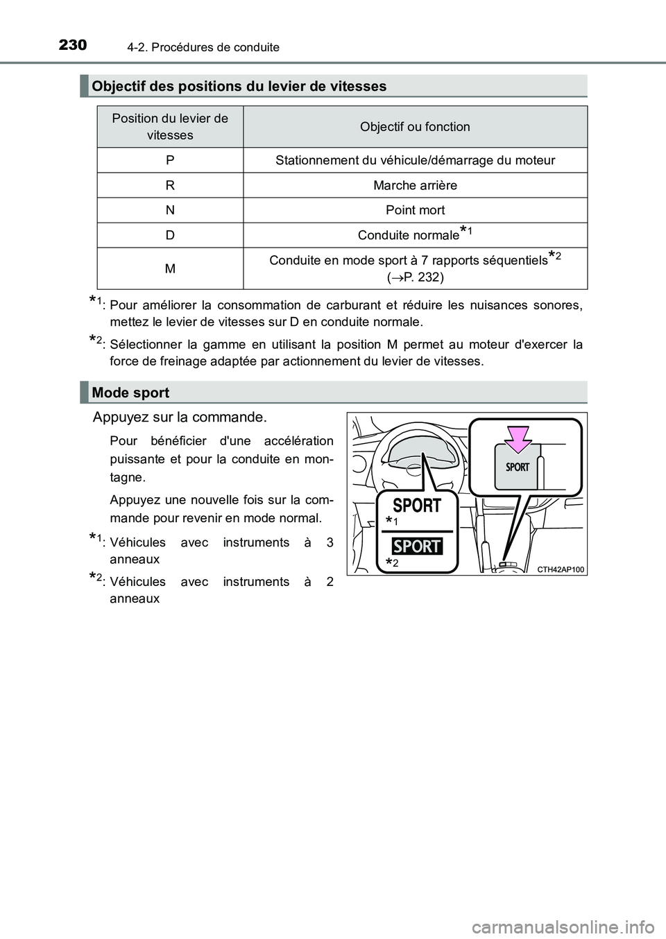 TOYOTA AURIS 2017  Notices Demploi (in French) 2304-2. Procédures de conduite
UK_AURIS_HB_EK (OM12K98K)
*1: Pour améliorer la consommation de carburant et réduire les nuisances sonores, 
mettez le levier de vitesses sur D en conduite normale.
*