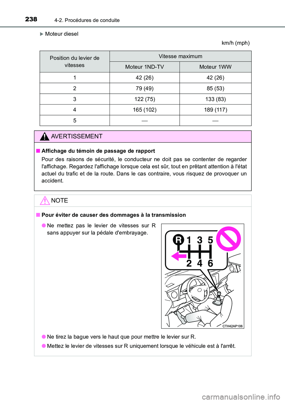 TOYOTA AURIS 2017  Notices Demploi (in French) 2384-2. Procédures de conduite
UK_AURIS_HB_EK (OM12K98K)
�XMoteur diesel 
km/h (mph)
Position du levier de  
vitesses
Vitesse maximum
Moteur 1ND-TVMoteur 1WW
142 (26)42 (26)
279 (49)85 (53)
3122 (75)