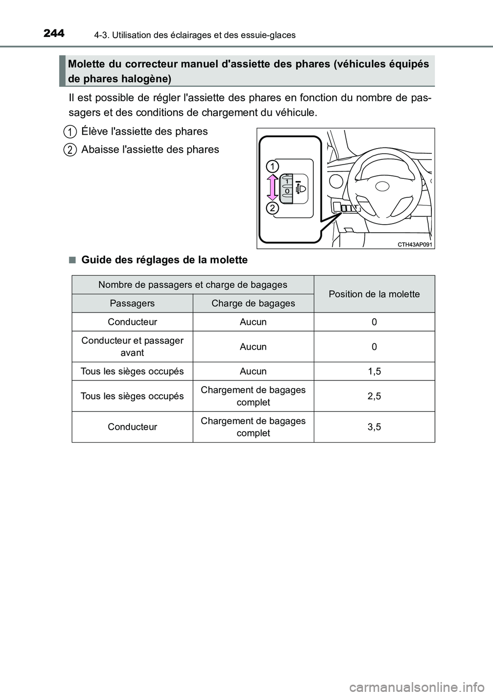 TOYOTA AURIS 2017  Notices Demploi (in French) 2444-3. Utilisation des éclairages et des essuie-glaces
UK_AURIS_HB_EK (OM12K98K)
Il est possible de régler lassiette des phares en fonction du nombre de pas- 
sagers et des conditions de chargemen