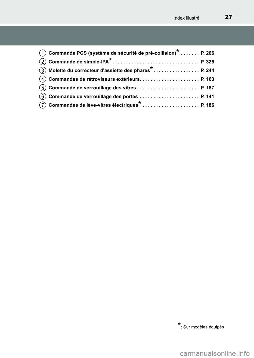 TOYOTA AURIS 2017  Notices Demploi (in French) 27Index illustré
UK_AURIS_HB_EK (OM12K98K) 
Commande PCS (système de sécurité de pré-collision)* . . . . . . .  P. 266 
Commande de simple-IPA*. . . . . . . . . . . . . . . . . . . . . . . . . . 