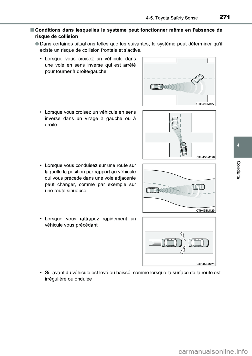 TOYOTA AURIS 2017  Notices Demploi (in French) 2714-5. Toyota Safety Sense
4
Conduite
UK_AURIS_HB_EK (OM12K98K) 
■ Conditions dans lesquelles le système peut fonctionner même en labsence de 
risque de collision 
● Dans certaines situations 