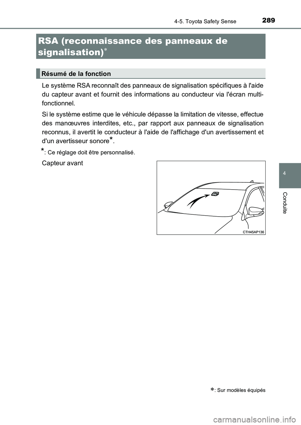 TOYOTA AURIS 2017  Notices Demploi (in French) 2894-5. Toyota Safety Sense
4
Conduite
UK_AURIS_HB_EK (OM12K98K)
Le système RSA reconnaît des panneaux de signalisation spécifiques à laide 
du capteur avant et fournit des inform ations au condu