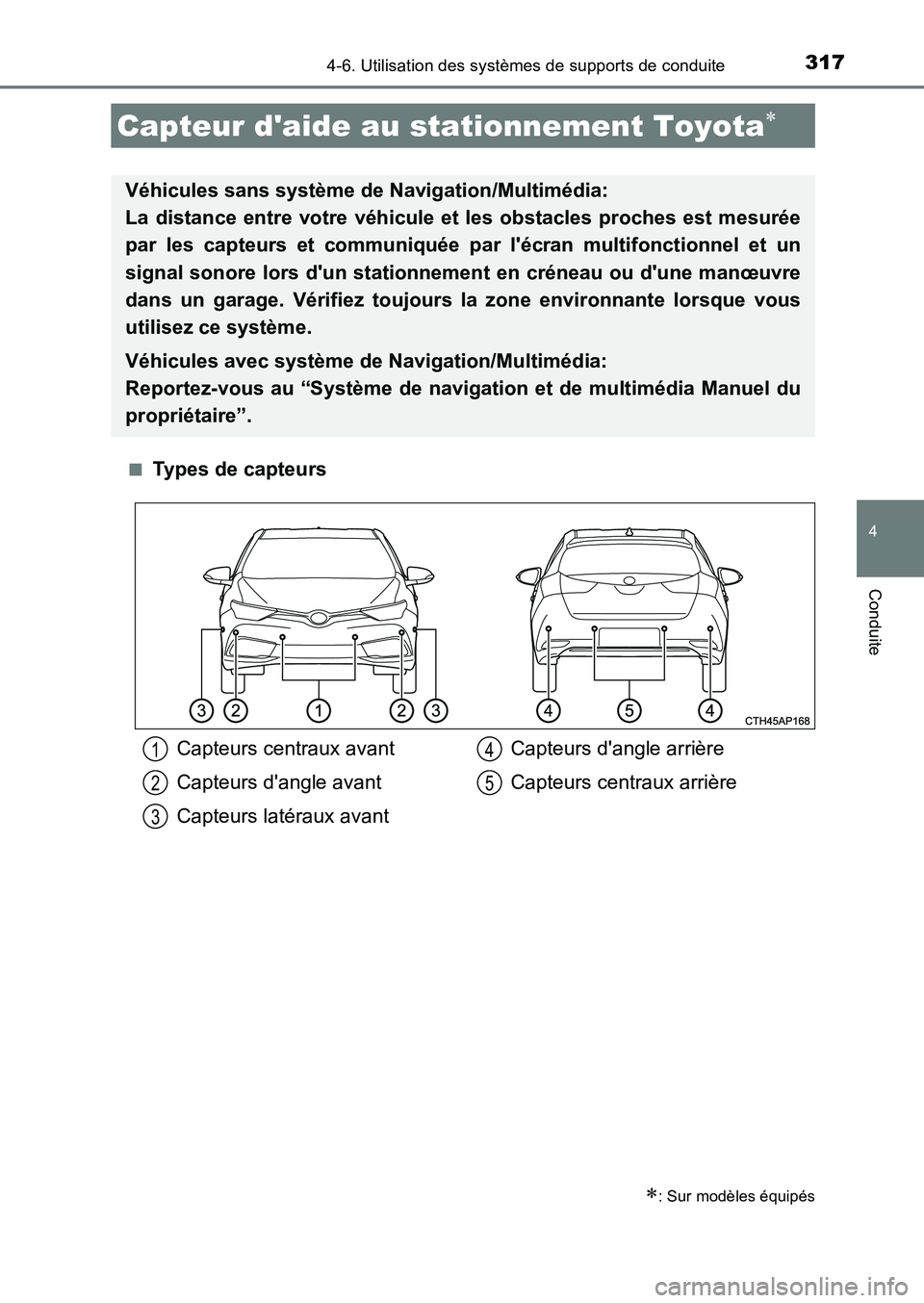 TOYOTA AURIS 2017  Notices Demploi (in French) 3174-6. Utilisation des systèmes de supports de conduite
4
Conduite
UK_AURIS_HB_EK (OM12K98K) 
■Types de capteurs
Capteur daide au stationnement Toyota
: Sur modèles équipés
Véhicules sa
