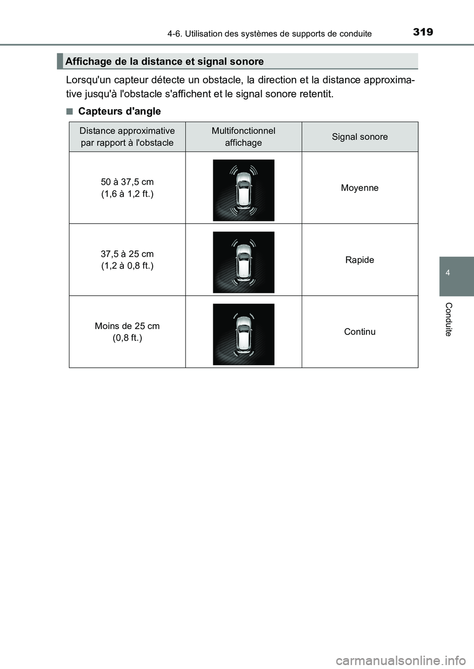 TOYOTA AURIS 2017  Notices Demploi (in French) 3194-6. Utilisation des systèmes de supports de conduite
4
Conduite
UK_AURIS_HB_EK (OM12K98K)
Lorsquun capteur détecte un obstacle, la direction et la distance approxima- 
tive jusquà lobstacle 