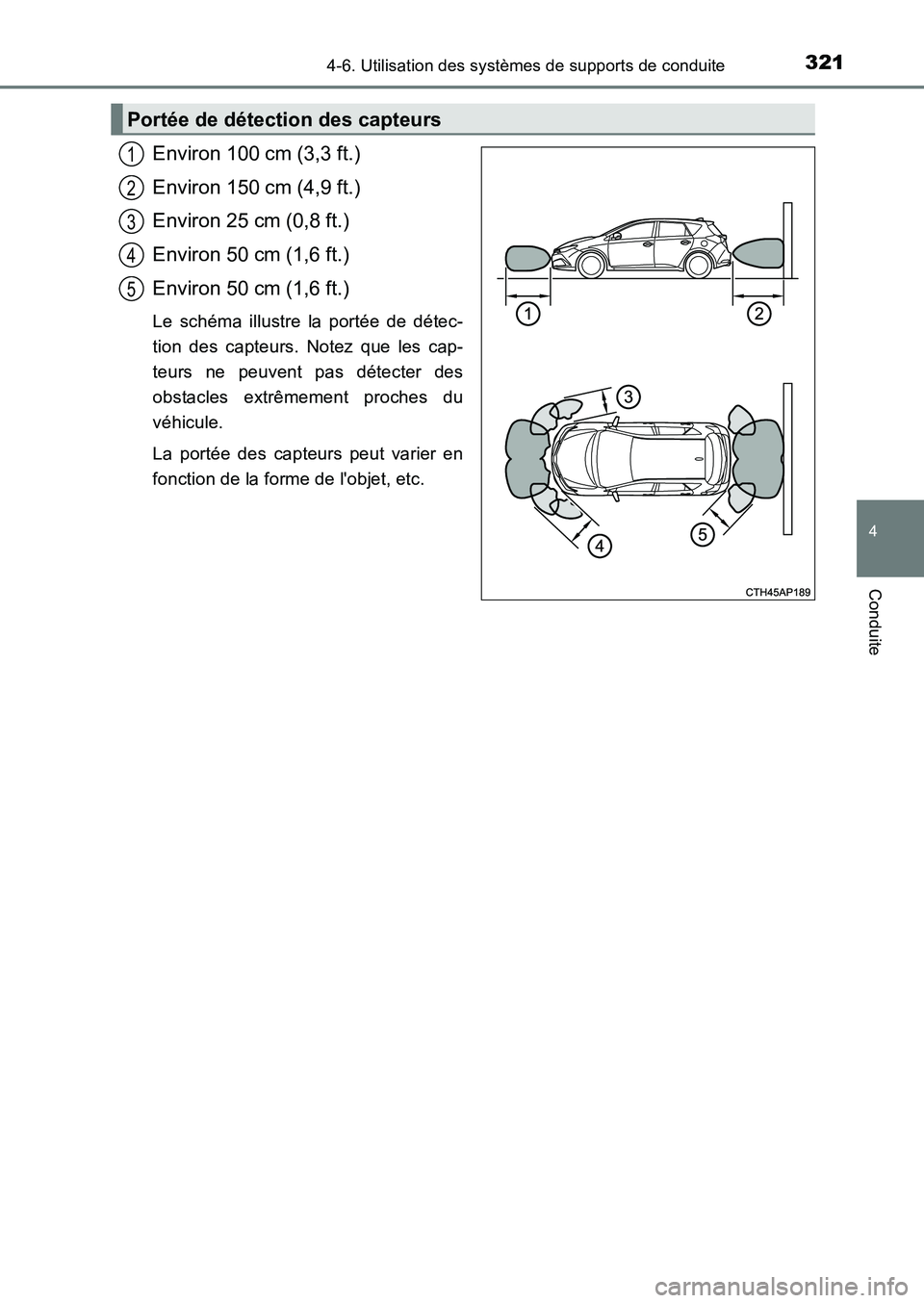 TOYOTA AURIS 2017  Notices Demploi (in French) 3214-6. Utilisation des systèmes de supports de conduite
4
Conduite
UK_AURIS_HB_EK (OM12K98K)
Environ 100 cm (3,3 ft.) 
Environ 150 cm (4,9 ft.)
Environ 25 cm (0,8 ft.) 
Environ 50 cm (1,6 ft.) 
Envi