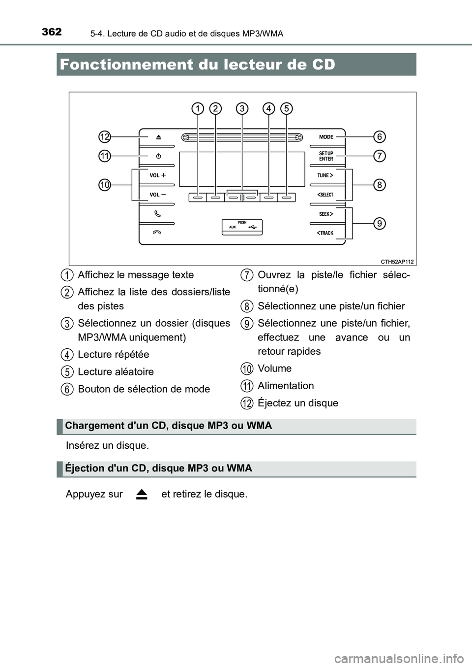 TOYOTA AURIS 2017  Notices Demploi (in French) 362
UK_AURIS_HB_EK (OM12K98K)
5-4. Lecture de CD audio et de disques MP3/WMA
Insérez un disque. 
Appuyez sur   et retirez le disque.
Fonctionnement du lecteur de CD
Affichez le message texte 
Affiche