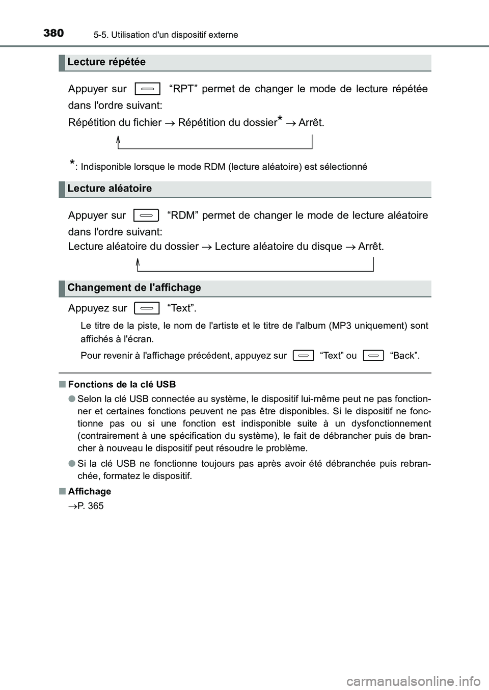 TOYOTA AURIS 2017  Notices Demploi (in French) 3805-5. Utilisation dun dispositif externe
UK_AURIS_HB_EK (OM12K98K)
Appuyer sur   “RPT” permet de changer le mode de lecture répétée 
dans lordre suivant:  
Répétition du fichier   Rép
