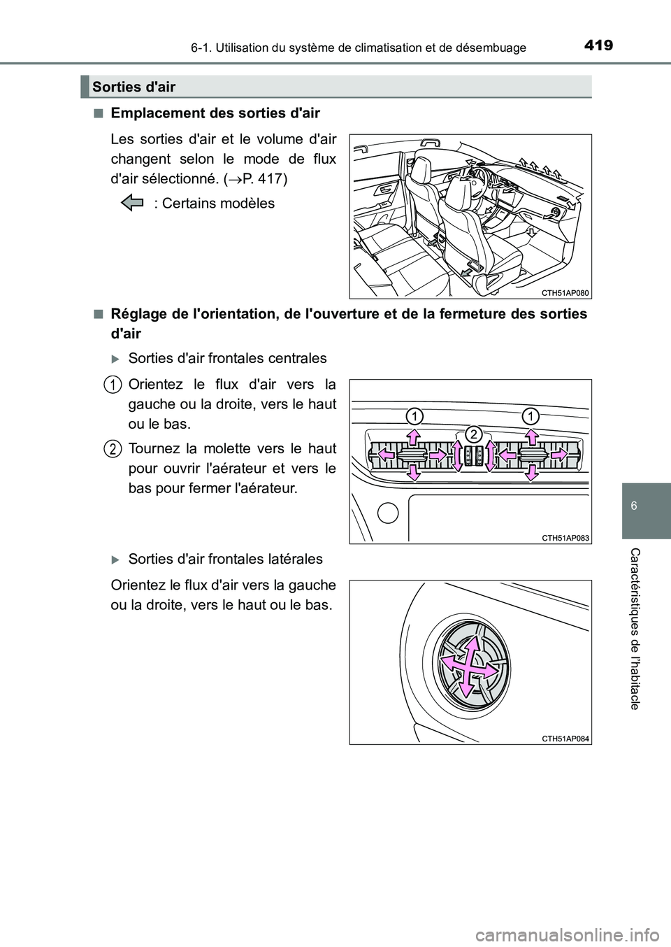 TOYOTA AURIS 2017  Notices Demploi (in French) 4196-1. Utilisation du système de climatisation et de désembuage
6
Caractéristiques de l’habitacle
UK_AURIS_HB_EK (OM12K98K) 
■Emplacement des sorties dair 
Les sorties dair et le volume dai