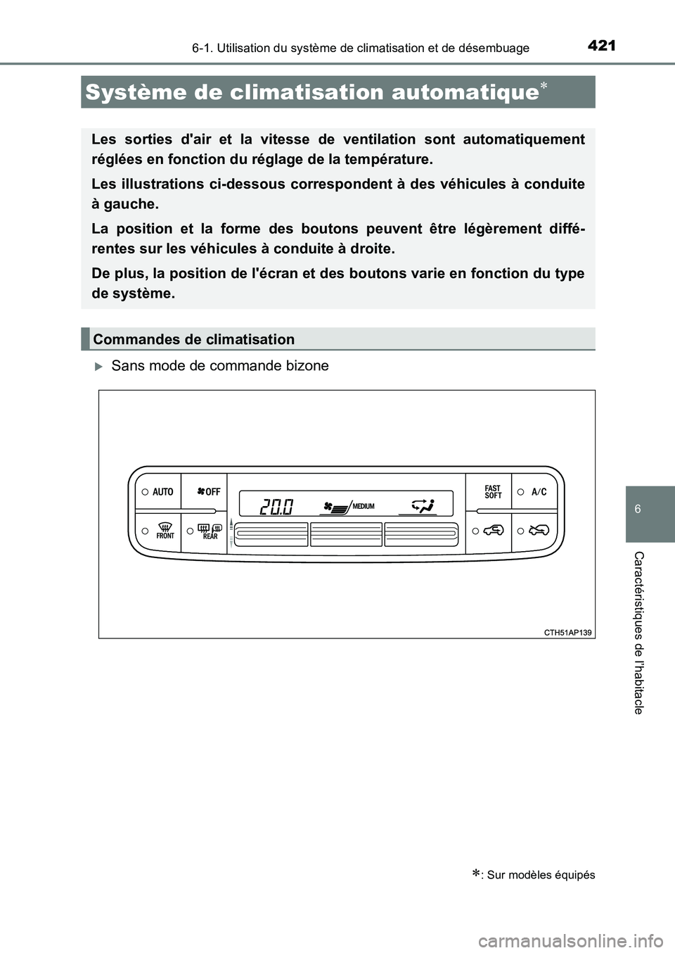 TOYOTA AURIS 2017  Notices Demploi (in French) 4216-1. Utilisation du système de climatisation et de désembuage
6
Caractéristiques de l’habitacle
UK_AURIS_HB_EK (OM12K98K)
�XSans mode de commande bizone
Système de climatisation automatique