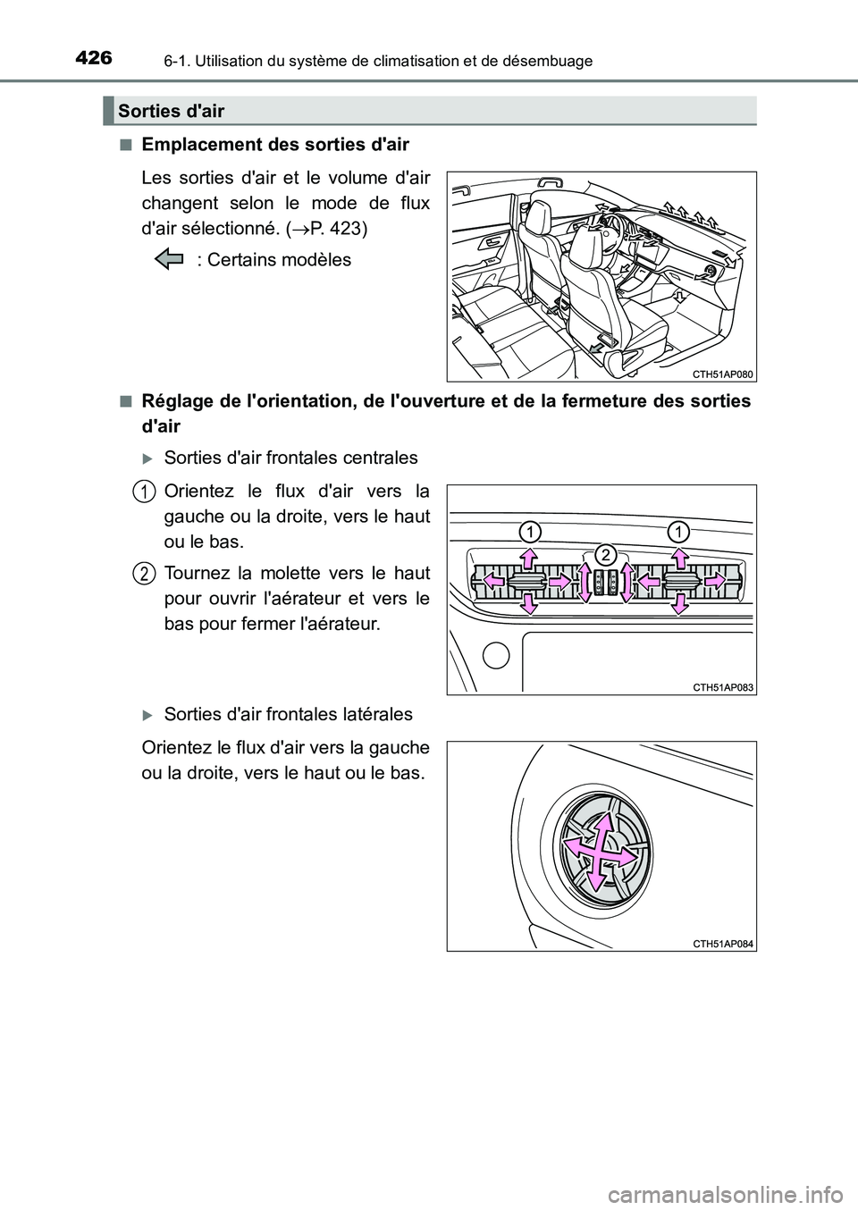 TOYOTA AURIS 2017  Notices Demploi (in French) 4266-1. Utilisation du système de climatisation et de désembuage
UK_AURIS_HB_EK (OM12K98K) 
■Emplacement des sorties dair 
Les sorties dair et le volume dair 
changent selon le mode de flux
da
