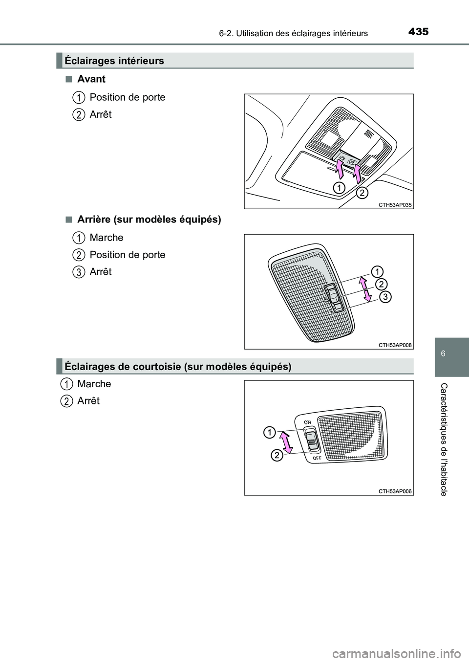 TOYOTA AURIS 2017  Notices Demploi (in French) 4356-2. Utilisation des éclairages intérieurs
6
Caractéristiques de l’habitacle
UK_AURIS_HB_EK (OM12K98K) 
■Avant 
Position de porte 
Arrêt
■Arrière (sur modèles équipés) 
Marche 
Positi
