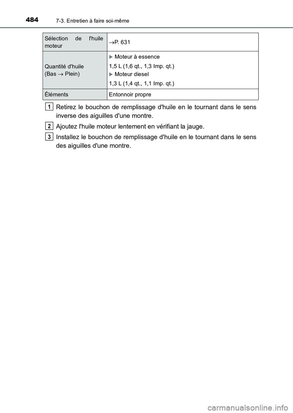 TOYOTA AURIS 2017  Notices Demploi (in French) 4847-3. Entretien à faire soi-même
UK_AURIS_HB_EK (OM12K98K)
Retirez le bouchon de remplissage dhuile en le tournant dans le sens 
inverse des aiguilles dune montre. 
Ajoutez lhuile moteur lentem