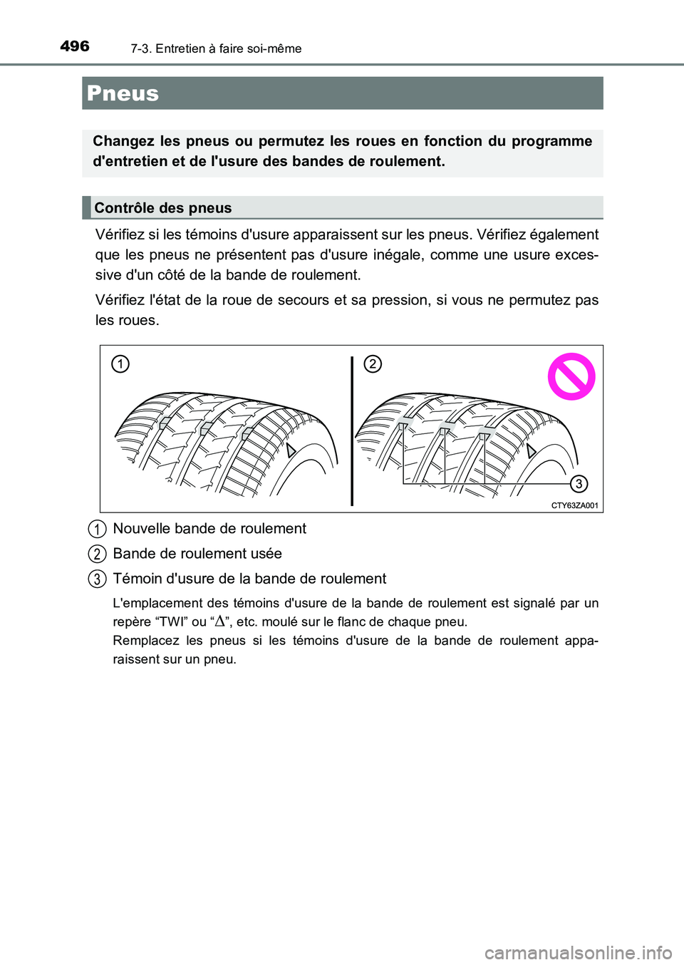 TOYOTA AURIS 2017  Notices Demploi (in French) 4967-3. Entretien à faire soi-même
UK_AURIS_HB_EK (OM12K98K)
Vérifiez si les témoins dusure apparaissent sur les pneus. Vérifiez également 
que les pneus ne présentent pas dusure inégale, co