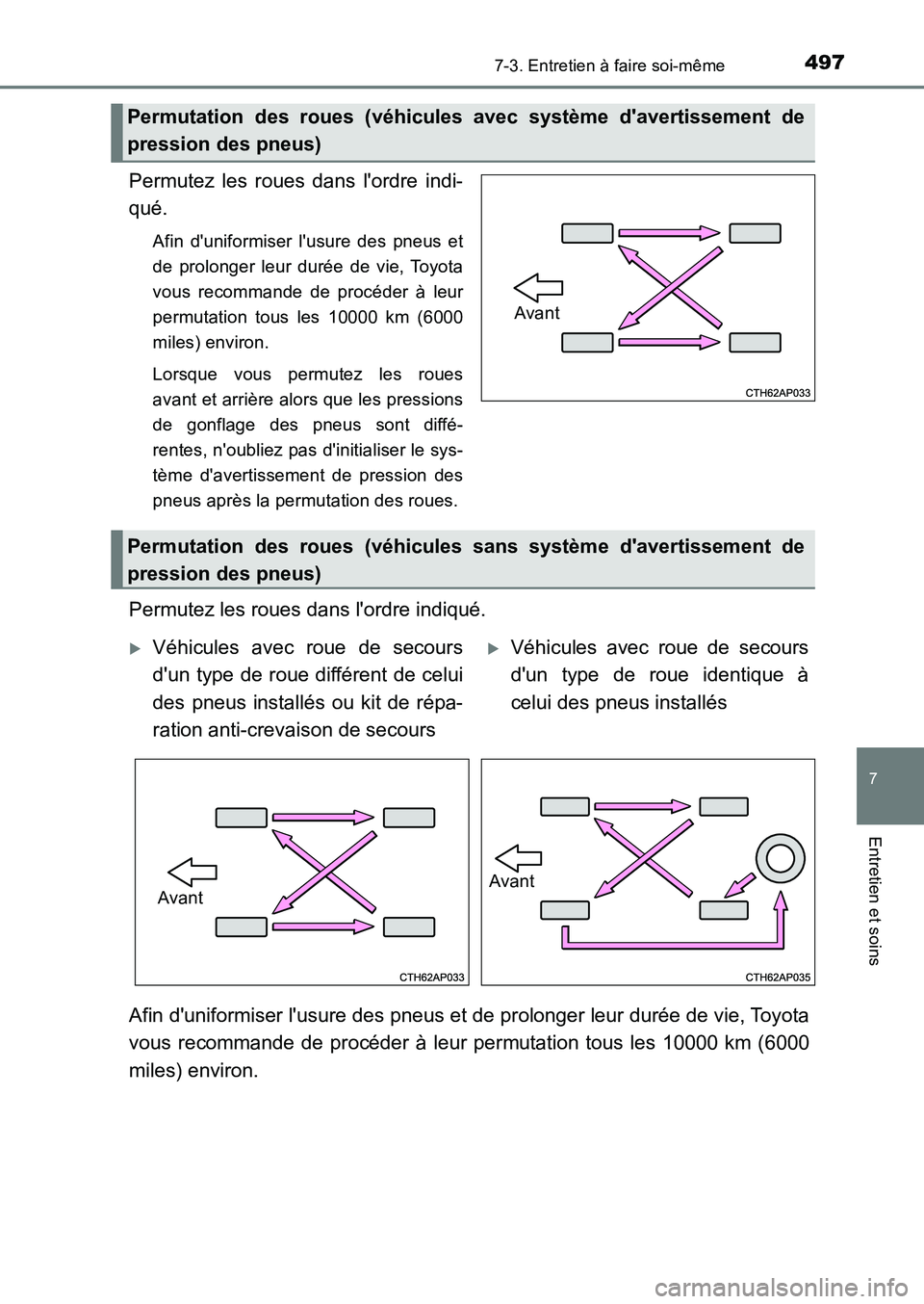 TOYOTA AURIS 2017  Notices Demploi (in French) 4977-3. Entretien à faire soi-même
7
Entretien et soins
UK_AURIS_HB_EK (OM12K98K)
Permutez les roues dans lordre indi- 
qué.
Afin duniformiser lusure des pneus et 
de prolonger leur durée de vi