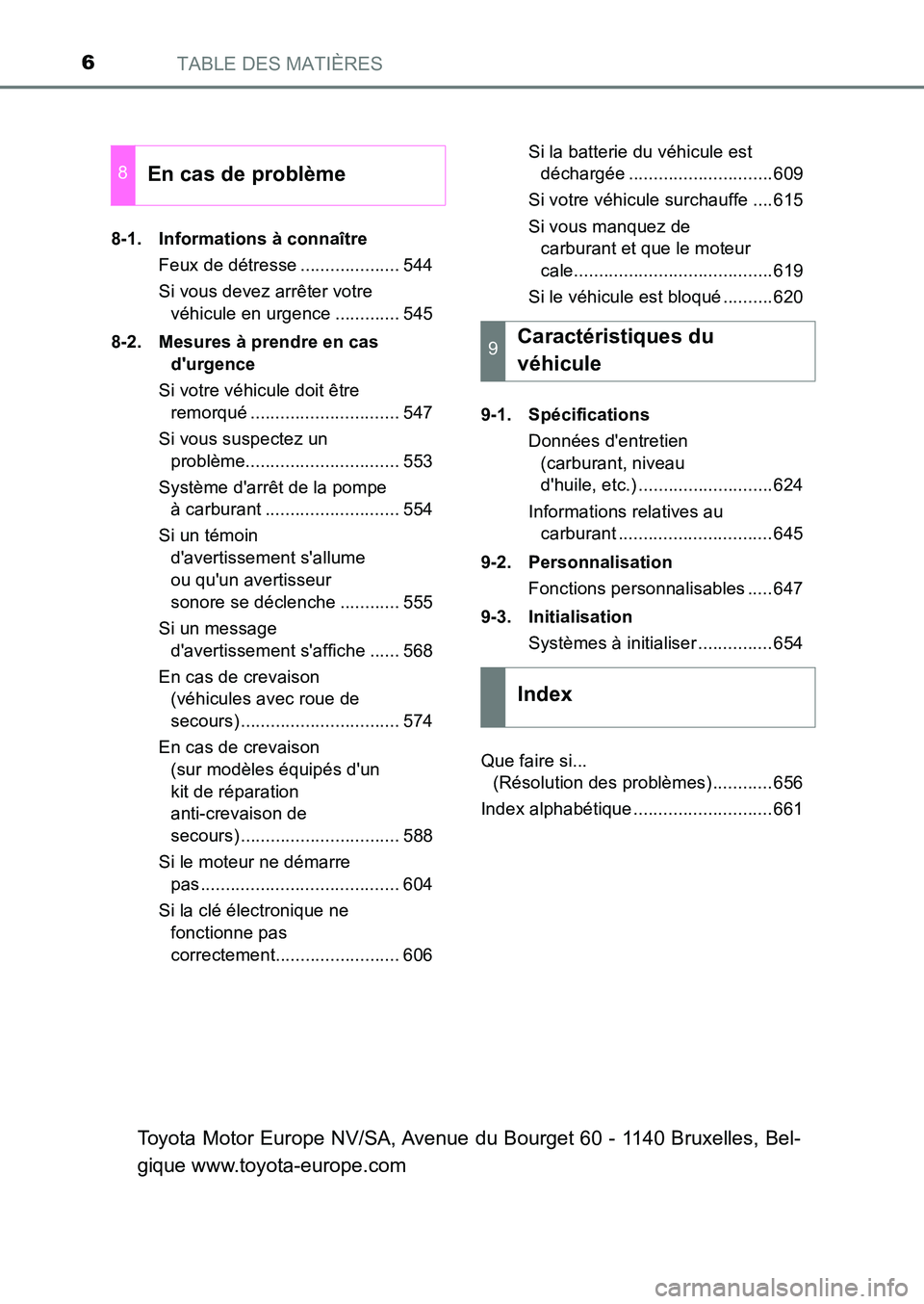 TOYOTA AURIS 2017  Notices Demploi (in French) TABLE DES MATIÈRES6
UK_AURIS_HB_EK (OM12K98K) 
8-1.  Informations à connaître 
Feux de détresse .................... 544 
Si vous devez arrêter votre  
véhicule en urgence ............. 545 
8-2