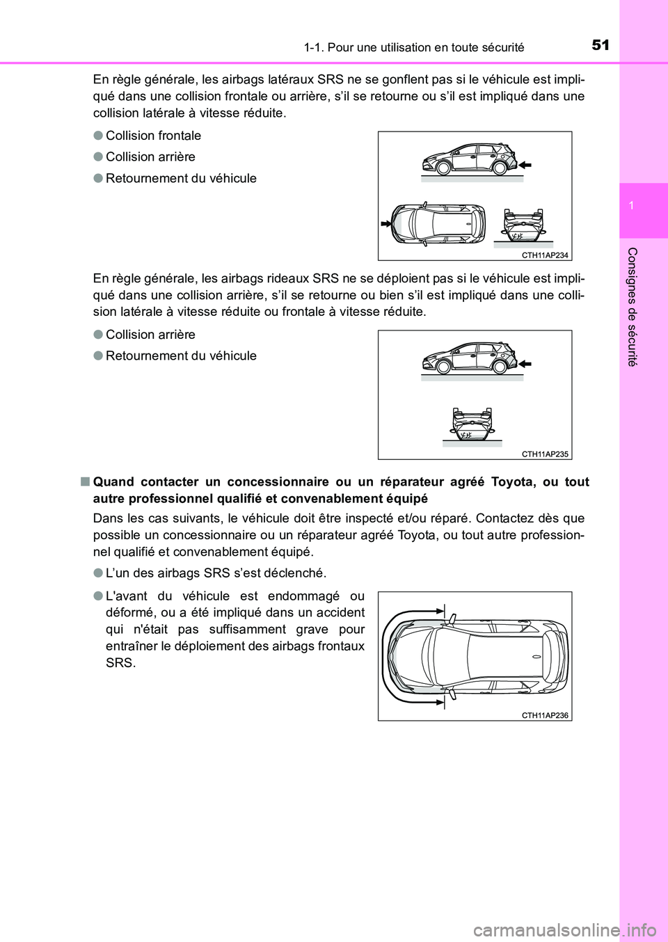 TOYOTA AURIS 2017 Notices Demploi (in French) 511-1. Pour une utilisation en toute sécurité
1
Consignes de sécurité
UK_AURIS_HB_EK (OM12K98K)
En règle générale, les airbags latéraux SRS ne se gonflent pas si le véhicule est impli-
qué TOYOTA AURIS 2017 Notices Demploi (in French) 511-1. Pour une utilisation en toute sécurité
1
Consignes de sécurité
UK_AURIS_HB_EK (OM12K98K)
En règle générale, les airbags latéraux SRS ne se gonflent pas si le véhicule est impli-
qué