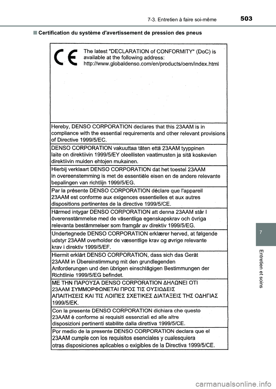 TOYOTA AURIS 2017  Notices Demploi (in French) 5037-3. Entretien à faire soi-même
7
Entretien et soins
UK_AURIS_HB_EK (OM12K98K) 
■ Certification du système davertissement de pression des pneus 