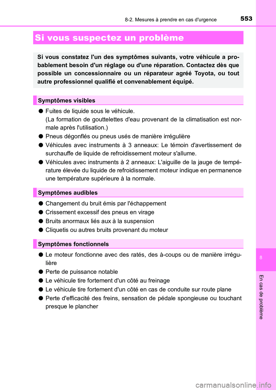 TOYOTA AURIS 2017 Notices Demploi (in French) 5538-2. Mesures à prendre en cas durgence
8
En cas de problème
UK_AURIS_HB_EK (OM12K98K)
●Fuites de liquide sous le véhicule.
(La formation de gouttelettes deau provenant de la climatisation TOYOTA AURIS 2017 Notices Demploi (in French) 5538-2. Mesures à prendre en cas durgence
8
En cas de problème
UK_AURIS_HB_EK (OM12K98K)
●Fuites de liquide sous le véhicule.
(La formation de gouttelettes deau provenant de la climatisation