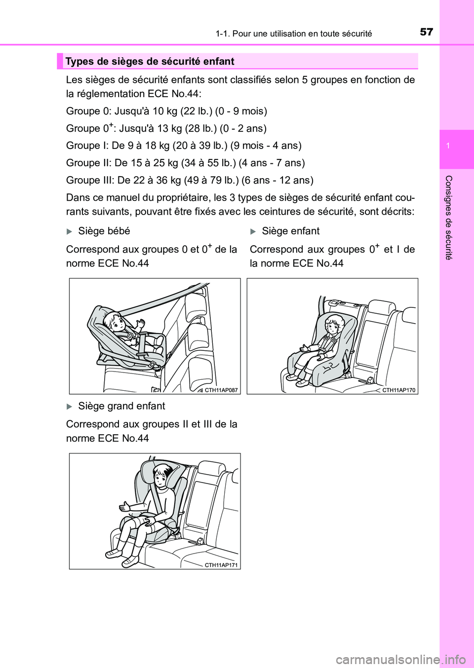 TOYOTA AURIS 2017 Notices Demploi (in French) 571-1. Pour une utilisation en toute sécurité
1
Consignes de sécurité
UK_AURIS_HB_EK (OM12K98K)
Les sièges de sécurité enfants sont classifiés selon 5 groupes en fonction de
la réglementatio TOYOTA AURIS 2017 Notices Demploi (in French) 571-1. Pour une utilisation en toute sécurité
1
Consignes de sécurité
UK_AURIS_HB_EK (OM12K98K)
Les sièges de sécurité enfants sont classifiés selon 5 groupes en fonction de
la réglementatio