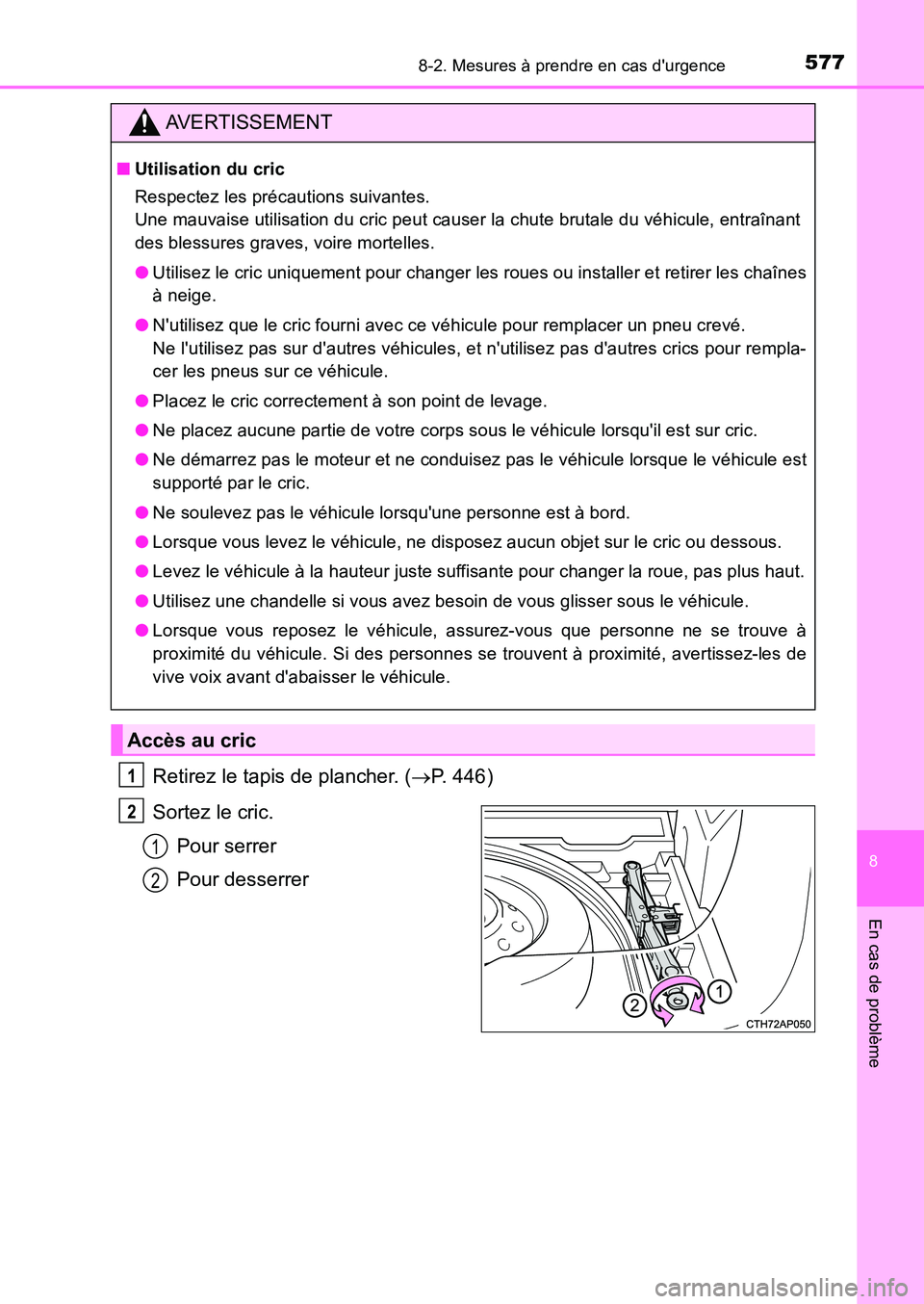 TOYOTA AURIS 2017  Notices Demploi (in French) 5778-2. Mesures à prendre en cas durgence
8
En cas de problème
UK_AURIS_HB_EK (OM12K98K)
Retirez le tapis de plancher. (P. 446) 
Sortez le cric. 
Pour serrer
Pour desserrer
AVERTISSEMENT
■ Uti