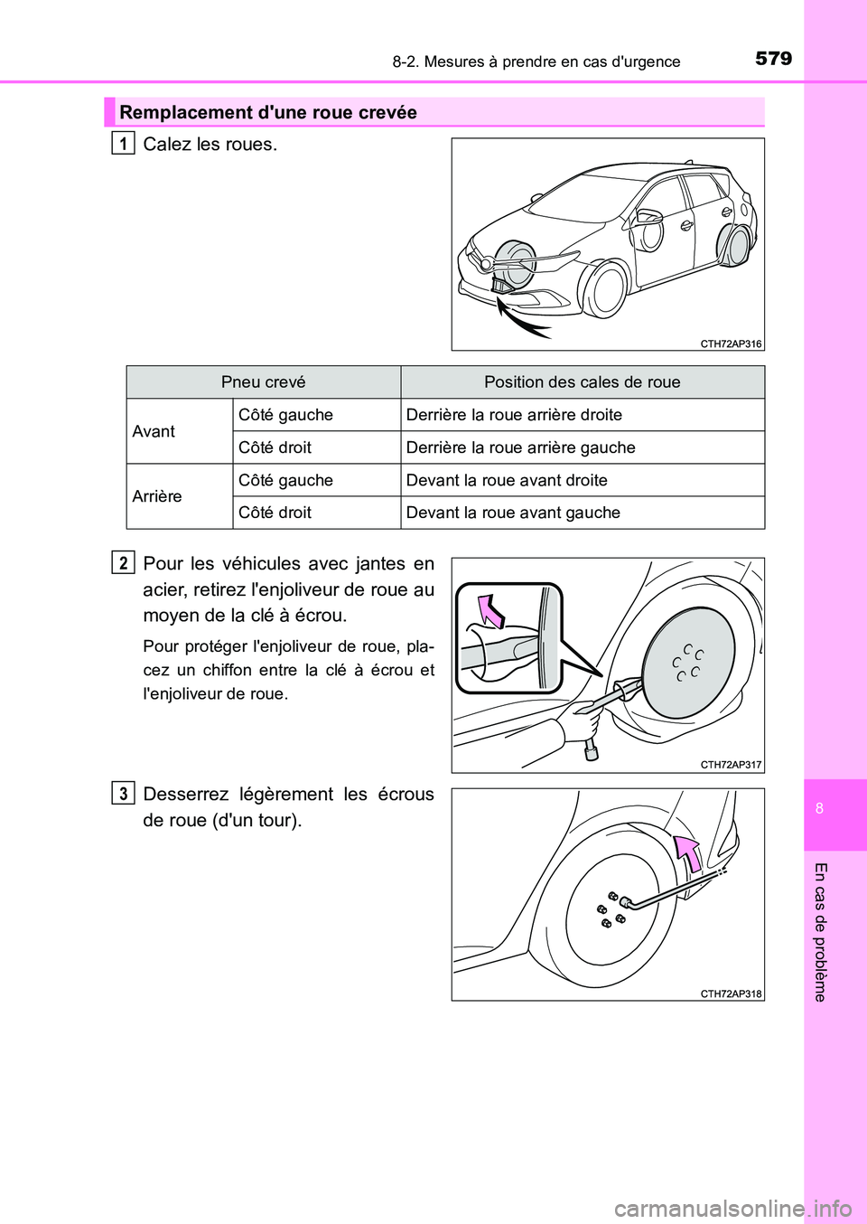 TOYOTA AURIS 2017  Notices Demploi (in French) 5798-2. Mesures à prendre en cas durgence
8
En cas de problème
UK_AURIS_HB_EK (OM12K98K)
Calez les roues. 
Pour les véhicules avec jantes en 
acier, retirez lenjoliveur de roue au 
moyen de la cl