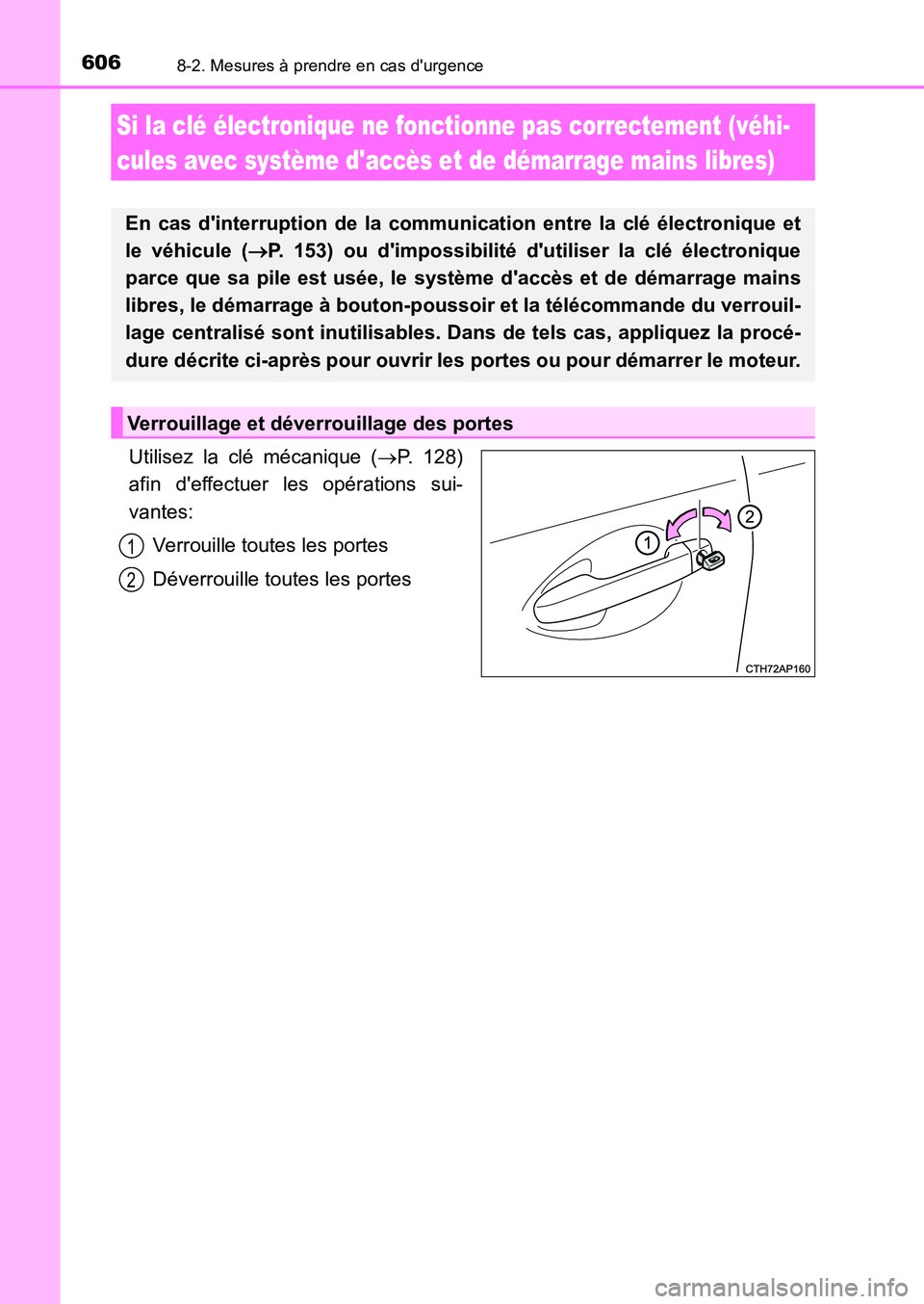 TOYOTA AURIS 2017  Notices Demploi (in French) 6068-2. Mesures à prendre en cas durgence
UK_AURIS_HB_EK (OM12K98K)
Utilisez la clé mécanique (P. 128) 
afin deffectuer les opérations sui- 
vantes: 
Verrouille toutes les portes
Déverrouill