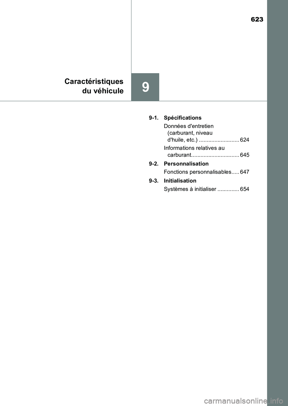 TOYOTA AURIS 2017  Notices Demploi (in French) 623
9
Caractéristiques 
du véhicule
UK_AURIS_HB_EK (OM12K98K) 
9-1. Spécifications 
Données dentretien  
(carburant, niveau  
dhuile, etc.) .......................... 624 
Informations relatives