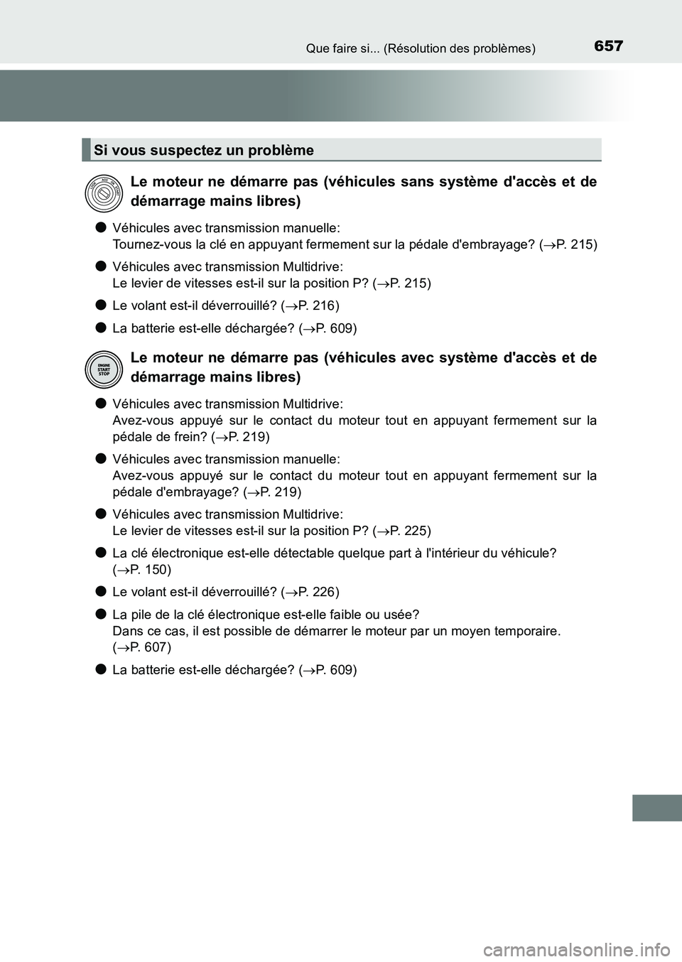 TOYOTA AURIS 2017 Notices Demploi (in French) 657Que faire si... (Résolution des problèmes)
UK_AURIS_HB_EK (OM12K98K)
●Véhicules avec transmission manuelle:
Tournez-vous la clé en appuyant fermement sur la pédale dembrayage? ( P. 215) TOYOTA AURIS 2017 Notices Demploi (in French) 657Que faire si... (Résolution des problèmes)
UK_AURIS_HB_EK (OM12K98K)
●Véhicules avec transmission manuelle:
Tournez-vous la clé en appuyant fermement sur la pédale dembrayage? ( P. 215)